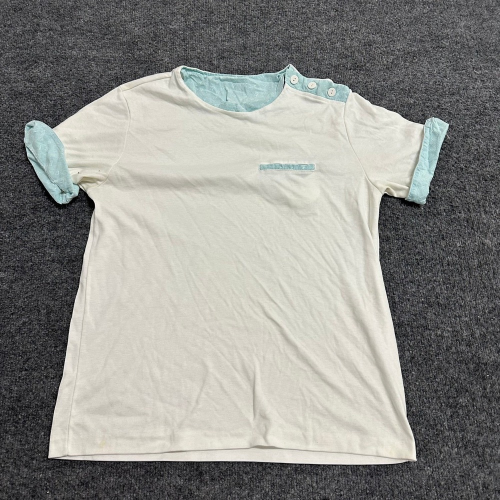 Jantzen T-Shirt Womens Size M Cream Blue Shoulder Button Pocket Vintage USA Made